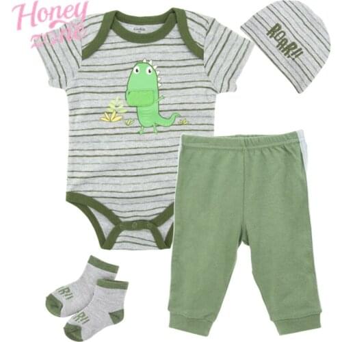 Honeyzone Newborn Baby Boy Clothes Set Green Dinosaur Romper + Hat + Pants + Shoes 4pcs Clothing Suit
