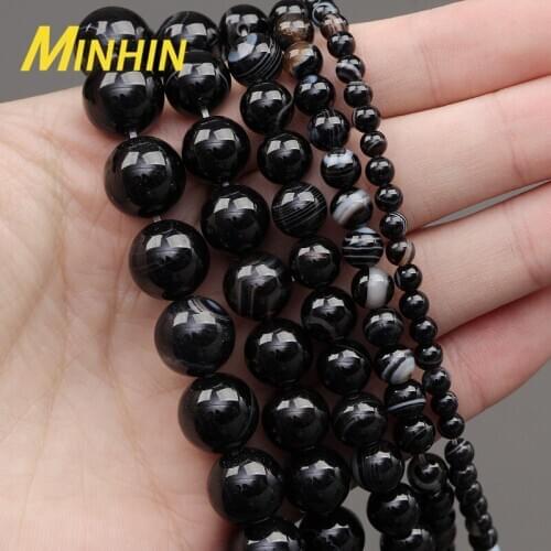 MINHIN Natural Stone Black Stripe Onyx Agates Beads 4 6 8 10 12MM Round Loose Beads For Jewelry Making DIY Bracelets