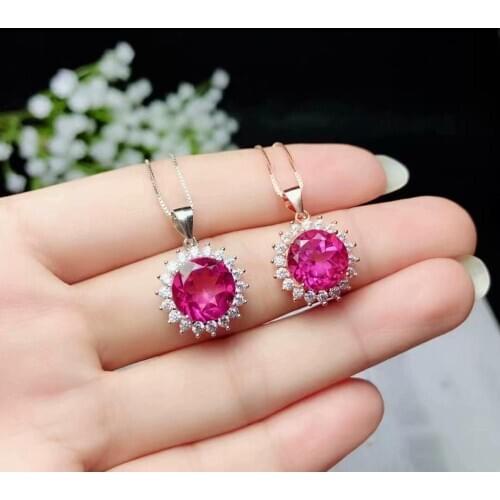 Fashion red topaz gemstone pendant for girl silver necklace birthday party anniversary date gift round sun shape natural gem