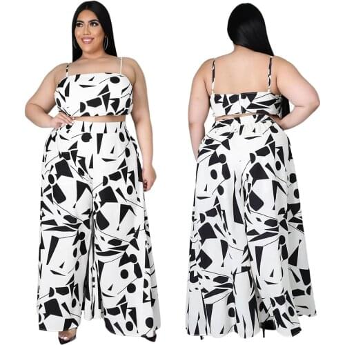 Chiclover Summer Plus Size Women Clothing Wholesale Item Sexy Print Two Piece Set Zipper Vest and Wide Leg Pants Sets Streetwear