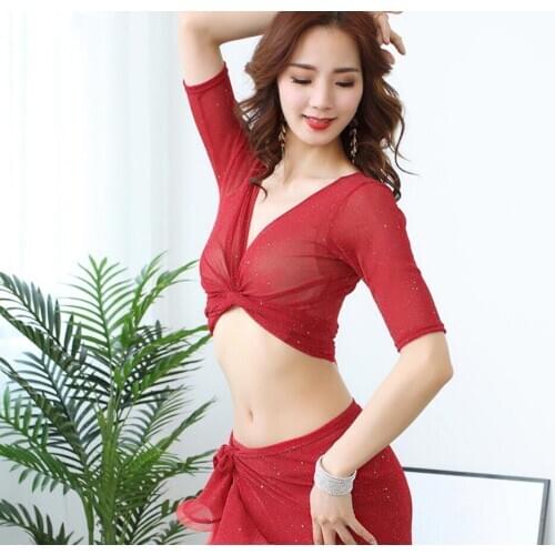 Hot Sell Sexy Transparent V Neck Silver Mesh BellyDance Top Short Sleeve Bandage Blouse X-Large Pink