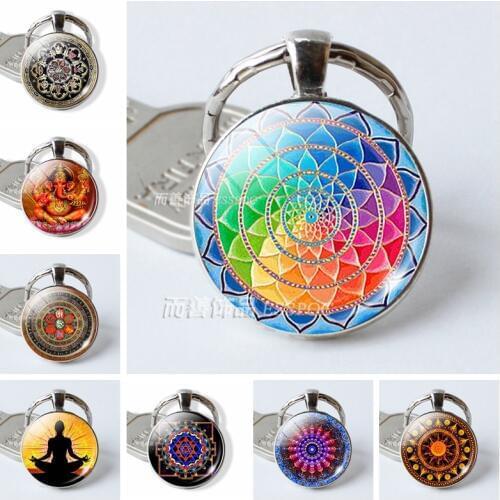 Fashion Round Cabochon Image Flower Mandala Yoga Symbol Glass Pendant Key Ring Keychain Jewelry Keying Accessories Creative Gift