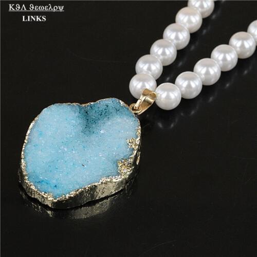 Natural crystal blue druzy stone necklace white round pearl beads with drusy quartz stone pendant necklace for women