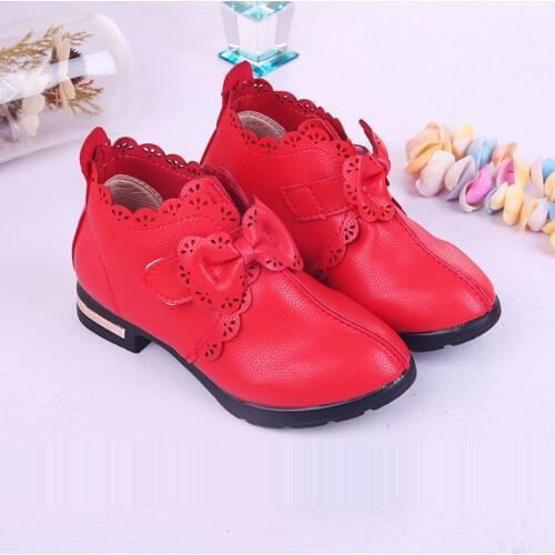 New Kids Girls Red Bowknot High-heeled Leather Dress Shoes For Girls Wedding And Party Shoes 5 6 7 8 9 10 11 12 13 Years Old 34
