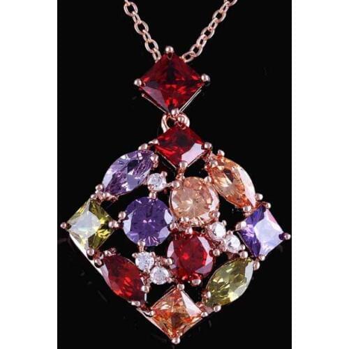 New Fashion Women Square Colorful Zircon Pendant Necklace Gold - color Women Anniversary Jewelry Wholesale