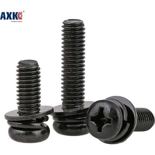 Parafusos 2019 Axk 100pcs M4*6/8/10/12/16/20/25/30/35/40/45/50 Steel With Black Phillips Three Parts Pan Head Combination Screw