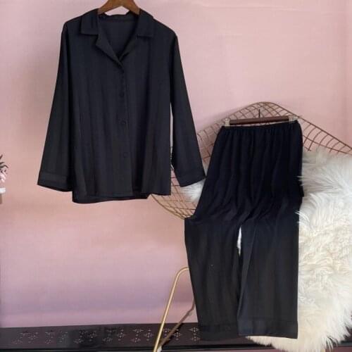 Black Striped Pajamas Sleep Suit Female Sleepwear Sets Elastic Waist PJS Satin Button-Down Nightwear Faux Silk Trim Home Clothes
