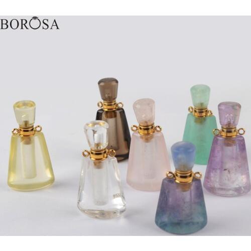 Perfume Bottle Pendant 3Pcs Gold Multi Natural Stone Bottle Connectors Amethysts Fluorite Oil Essential Bottle for Necklace Gift