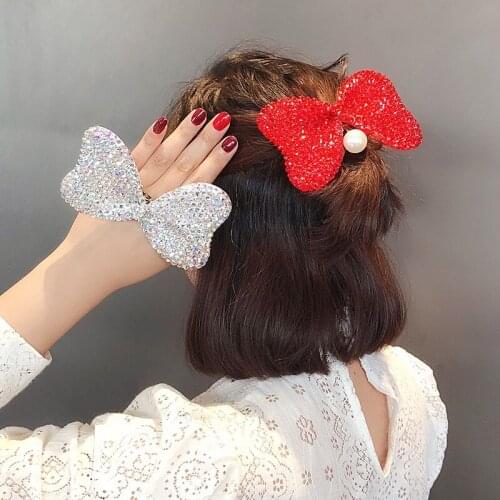 South Korea Celebrity Dongdaemun New Red Hair Accessory Western Style Large Bow Bright Rhinestone Pearl Elastic Hair String