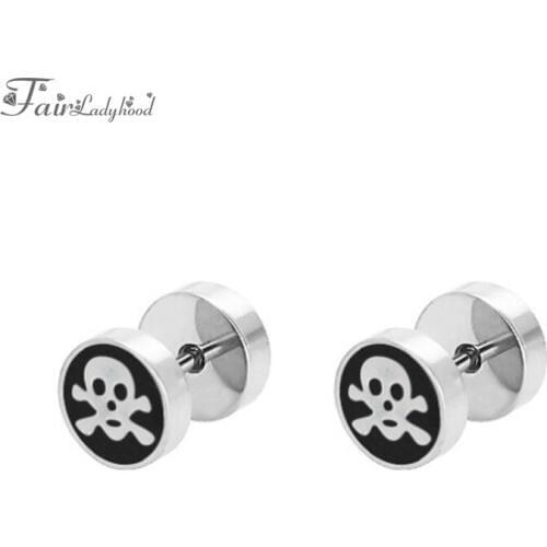 FairLadyHood 1Pair 8mm Round Barbeel Earrings Skull Punk Stud Earrings Male Stainless Steel Accessories Jewelry For Women Men