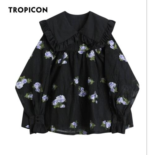 TROPICON Vintage Floral Jacquard Ruffle Puff Sleeve Dress Women Long Sleeve Black Loose Mini Ruched Dress 2021 Korean Fashion