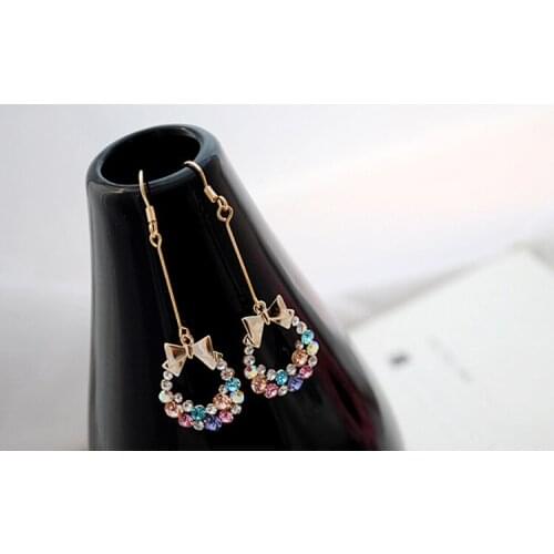 Japan And South Korea New Fashion Jewelry Colorful Crystal Wreath Earrings Beautiful Bow Metal Ladies Earrings