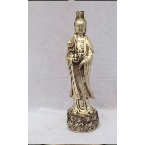 Antique antiques Collectible Decorated Old Handwork 10 inch Tibet Silver Carved Guanyin SongZi Statue /Kuan Yin Buddha Sculpture