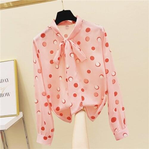 Women Autumn Chiffon Blouses Shirts Office Lady Casual Long Sleeve Polka Dot Printed Blusas Tops Bow Collar Blusas All-match Top