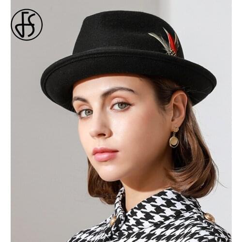 FS Retro Women Jazz Hats Church Hats Fedora Feather Ribbon Hat For Wedding Elegant Panama Kentucky Derby Hat Cone Top Flat