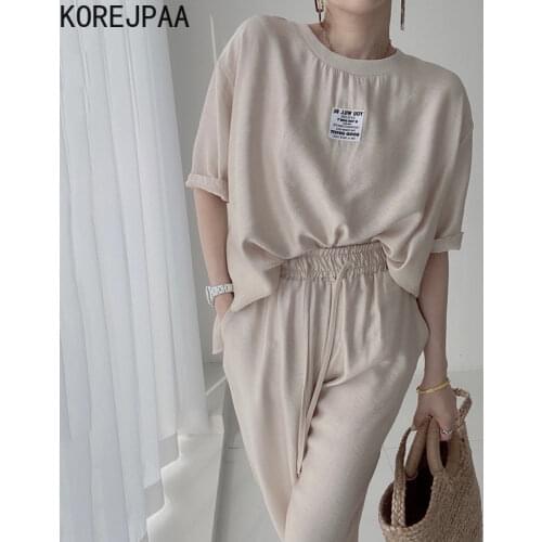Korejpaa Women Pant Sets 2021 Korean Fashion O-neck Letter Patch Loose Short-sleeved T-shirt and High-waisted Casual Pants Suit