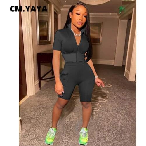CM.YAYA Women Set Solid Zip Short Sleeve Strand Collar Crop Tops Pockets Strechy Shorts Two Piece Sets Tracksuit Outfit Summer