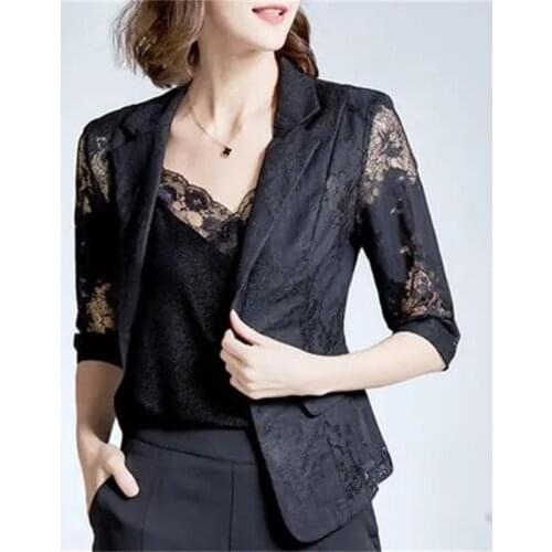 Female Jacket Slim Small Suit 2021 Women New Spring Summer Large Size Coat Women Thin Design Lace Hollow Top Suit Solid Color C