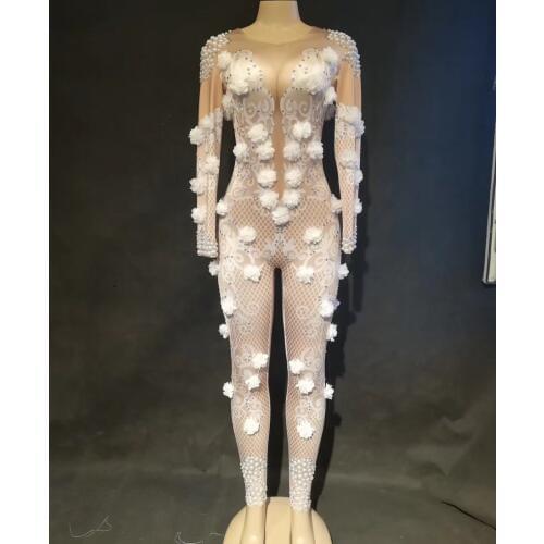 2020 Women Sexy White Flowers Jumpsuit Full Of Sparkling Pearls Singer Dancer Stage Wear Bodysuit Nightclub Party Performance