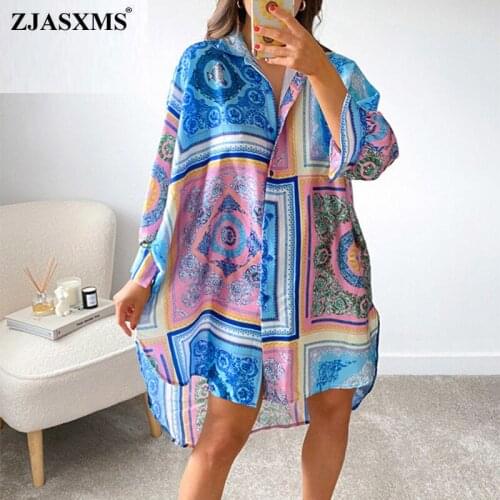 2021 Summer Long Sleeve Button Shirt Dress Women V Neck Pattern Print Sexy Party Dress Spring Turn-down Collar Loose Beach Dress
