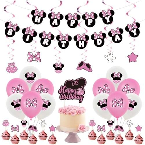 1Set Minnie Balloons Mickey Minnie Mouse Birthday Party Decor Kids Party Banner Cake Toppers Disney Minnie Cartoon Theme Balloon