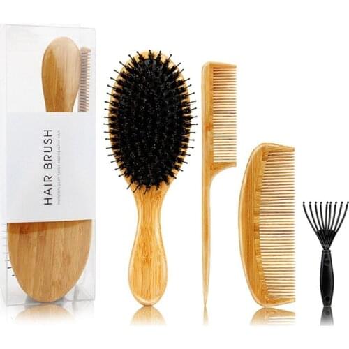 4Pcs/Set Bamboo Handle Boar Bristles Anti Static Hair Brush Massage Scalp Comb