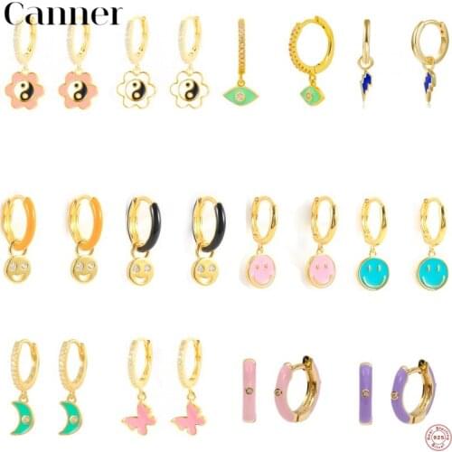CANNER 925 Silver Hoop Earrings Enamel Colorful Sterling 925 Plata Women Earring With Zircon Dripping Oil Craft Women Pendientes