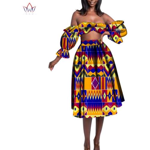 Bintarealwax Africa Style Two Piece Set for Women Dashiki Sexy Top and Skirt African Clothes Bazin Customized Lady Sets WY8846