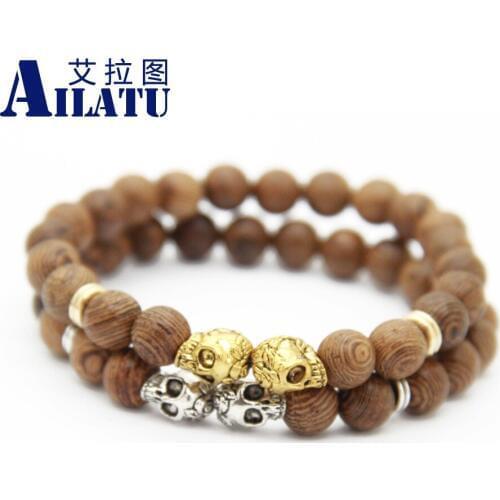 Ailatu Free Shipping Double Skull Natural Wooden Bracelet Men Energy Fashion Jewelry Gift