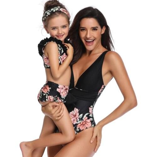 Mommy Daughter One Piece Swimwear Family Matching Doubled Ruffles Backless Halter High Waist Swimsuit One-Piece Bikini