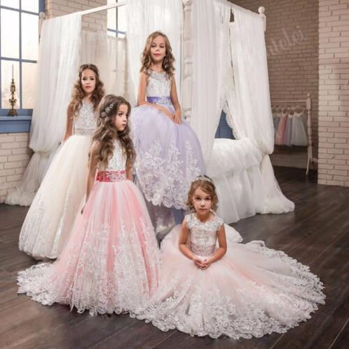 Purple Flower Girl Dresses Beaded Crystal Lace Up Applique Ball Gown First Communion Dress for Girls Customized Vestidos Longo