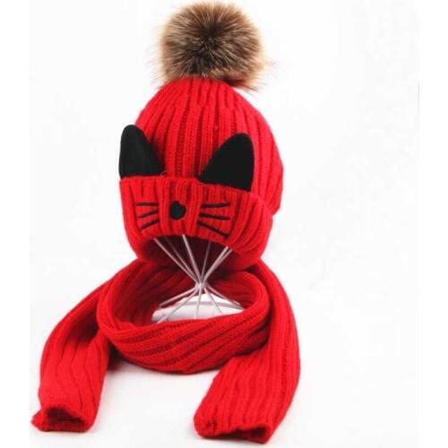 Winter Hat And Scarf Set For Children Girls Kids Cap Scarves Boys Ribbed Knitted Fur Pompom Cap Warm 2 Pcs Suit Cat Design M5300