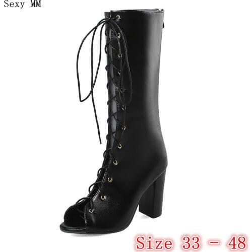 Summer Woman High Heels Mid-Calf Boots Peep Toe Women Short Boots Shoes botas botte Small Plus Size 33 - 48