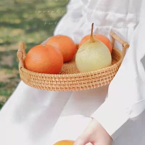 Ins Style Tray Rattan Woven Japanese Handmade Double Handle Wooden Storage Fruit Basket Bread Gourmet Food Props Panier Osier