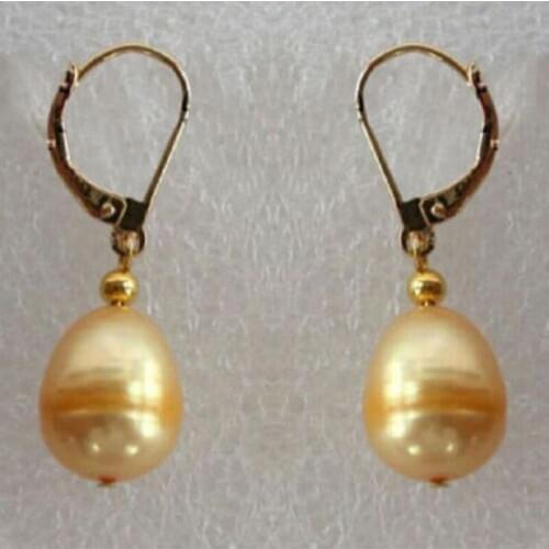 Real gorgeous 10-12mm golden South Sea Pearl Earring 14k/20 yellow Gold hook
