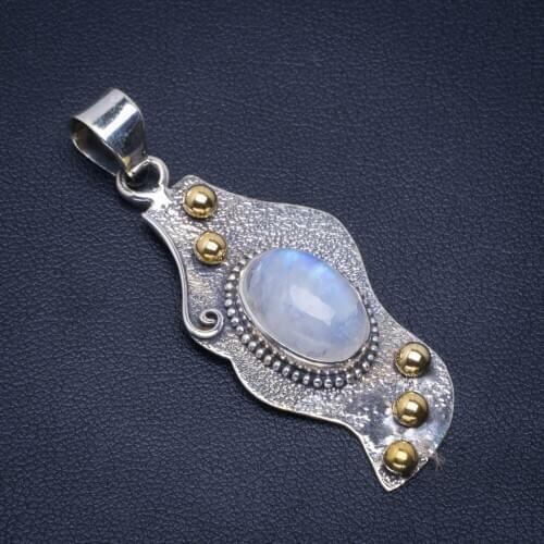 Natural Two Tones Rainbow Moonstone Handmade Unique 925 Sterling Silver Pendant 2" B3150