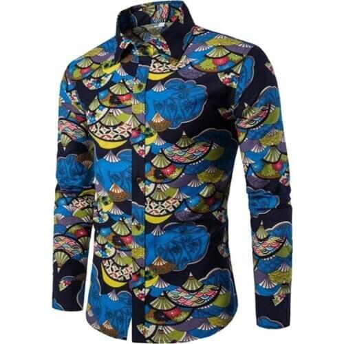 New Spring Autumn Casual Men Shirt Slim Fit Flower Print Linen Shirt Long-sleeved Shirts Male Floral Social Masculina M-5XL