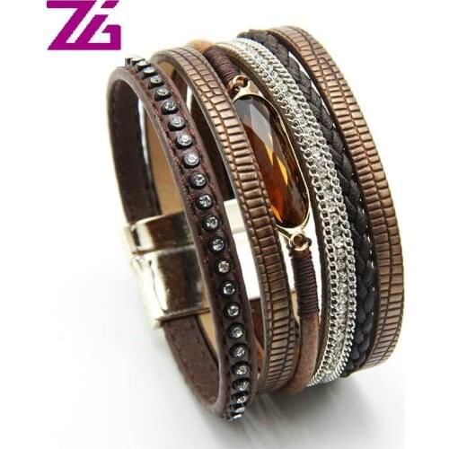 ZG 2018 Latest Handmade Top Quality Glass Crystal Charm Women Leather Bracelet in 8 colors