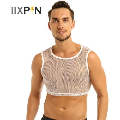 New Men Summer Sexy Sheer Mesh Tank Tops T-Shirt See-through Fishnet Slim Fit Tank Vest Men Male Night Club Crop Top Costumes