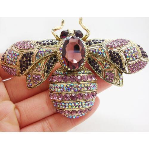 Charming Retro Bee Insectl Woman Brooch Pin Purple Crystal Rhinestone Gold Tone