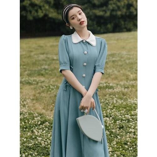 Summer New Style Womens Noble Temperament Casual Daily Slimming Mid-Sleeve Dress Lapel Tie Light Blue Button Mid-Length Dress