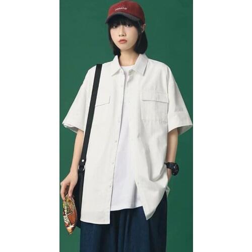 2021 Simplicity Solid Color Summer Men Short-Sleeved Shirt Women Shirt Hong Kong Style Japanese Loose Tooling Half Sleeve Shirt