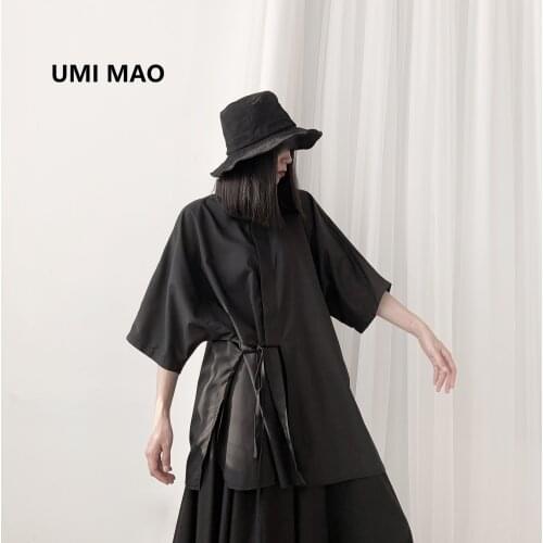 UMI MAO Yamamoto Wind Yoji Dark Womens Niche Design Five-point Sleeve Tie Shirt Short Black White Shirts For Women Blouse Y2k