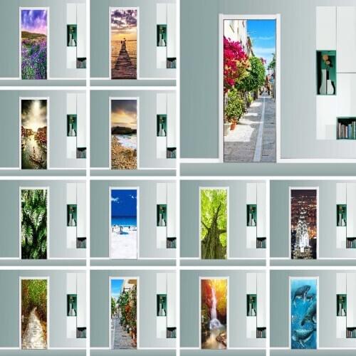 City Lavender Sea Street Landscape Self Adhesive 3d Door Stickers Waterproof Art Renovation Wallpaper Home Decor Print Picture