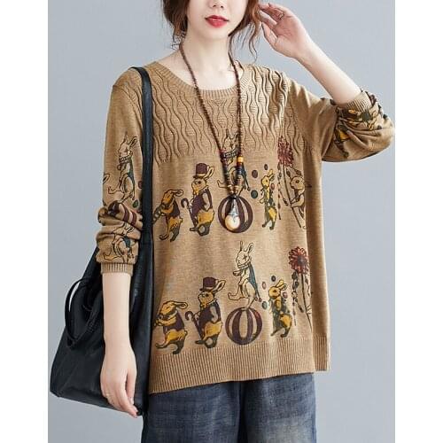 #1277 Knitted Sweater Women Casual Vintage Cartoon Printed Pullover Ladies Loose Cotton O neck Basic Sweaters Femme Knitwear