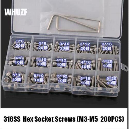 200pcs/set M3 M4 M5 316 Stainless Steel Hexagon Socket Head Cap Screws Bicycle Hex Bolts Nut Screw Set Assortment Kit