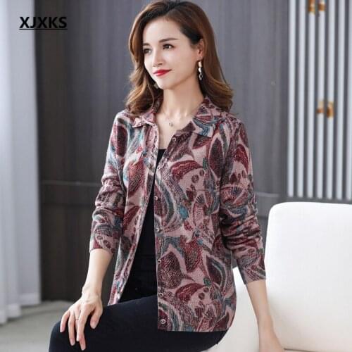 XJXKS 2021 autumn winter new fashion lapel single-breasted sweater women jacket 100% wool knitted sweater women printed pullover