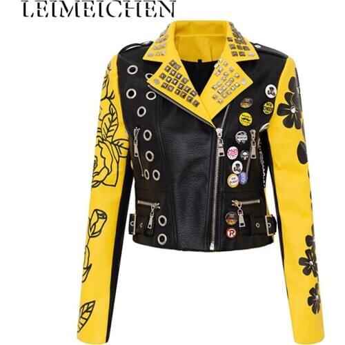 LEIMEICHEN S—3XL PU Leather Jacket Women Letter Printing Graffiti Rivets Leather Coat Punk Biker Motorcycle Black Tops MT-28701