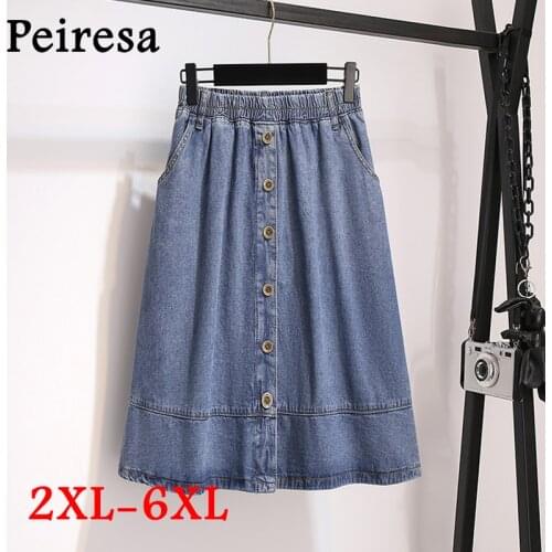 PEIRESA Summer Womens Clothing Skirt Mid-length A-line Skirt Plus Size Summer High Waist Button Loose Denim Umbrella Skirt