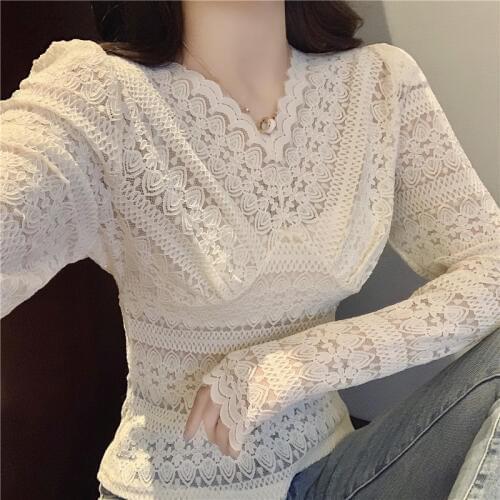 Women Lace Blouses Girls Full Sleeve V-neck Short Stretchy Shirts Female Solid Hollow Out Elegant Crop Tops Undershirts